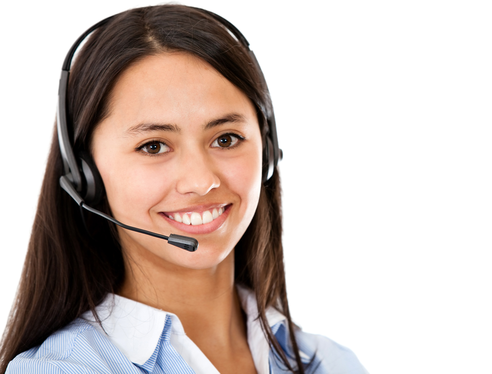 Customer service representative wearing headset - isolated over a white background